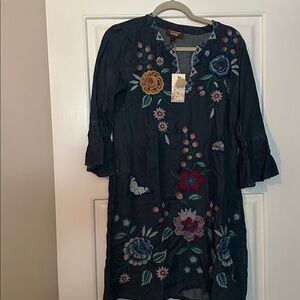 Johnny Was Denim Blue Tunic with Geometric Embroidery